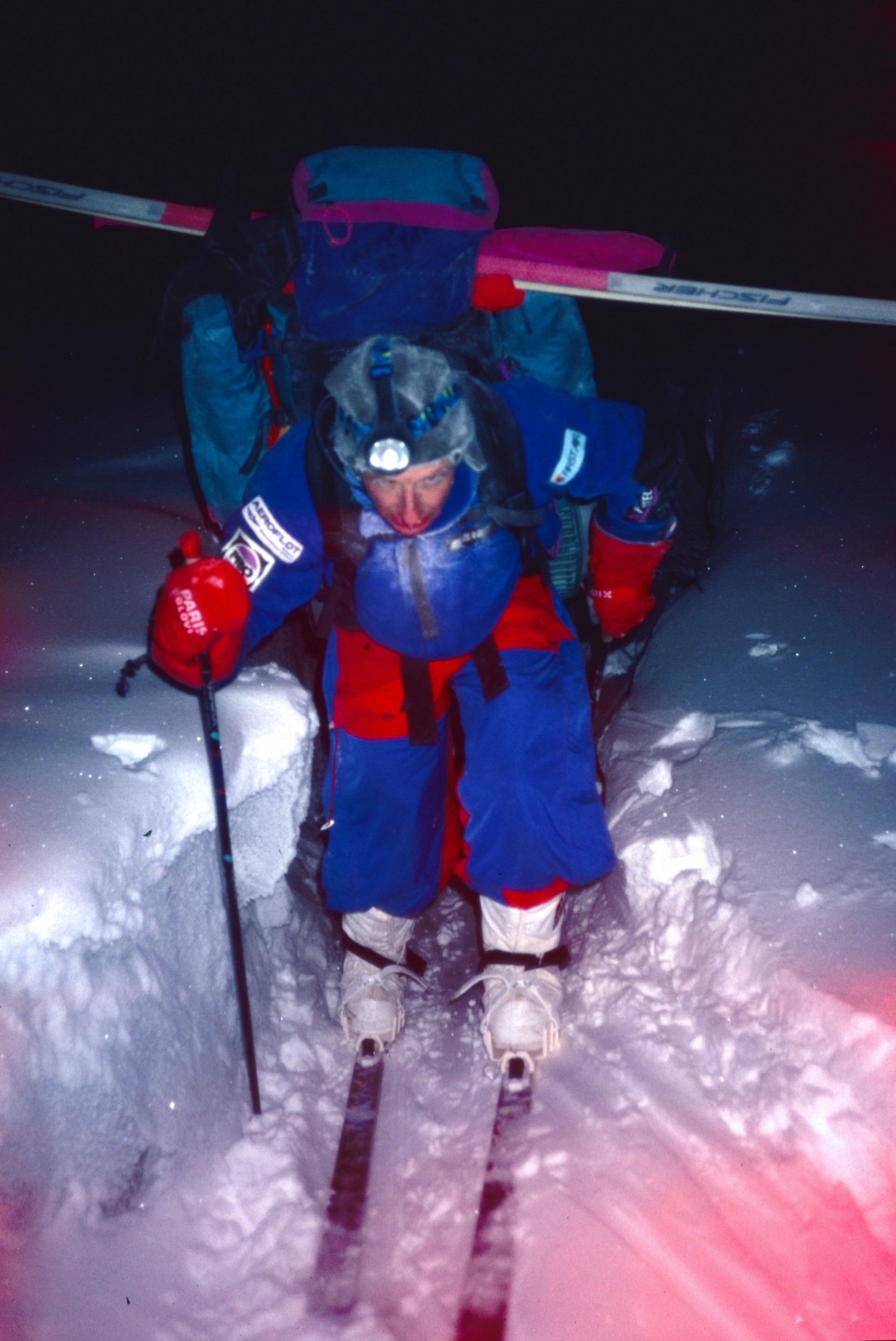 Hard at work: Richard pulling supplies over rough ice at -60C
